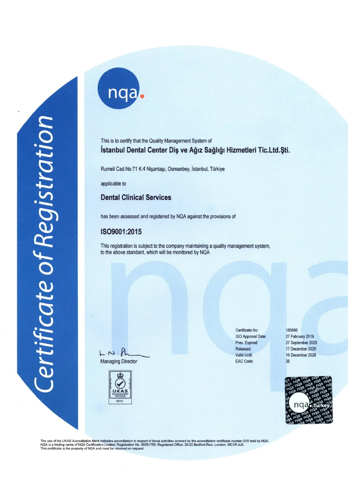 ISO 9001:2015 certificate of registration, NQA