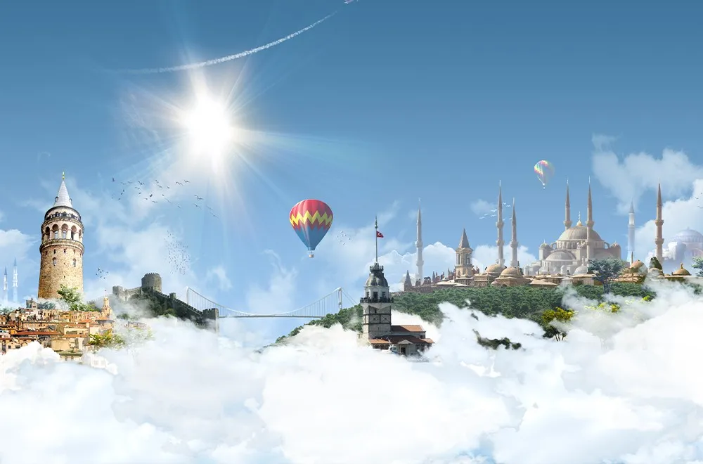 Istanbul skyline with the Galata Tower and mosques above the clouds